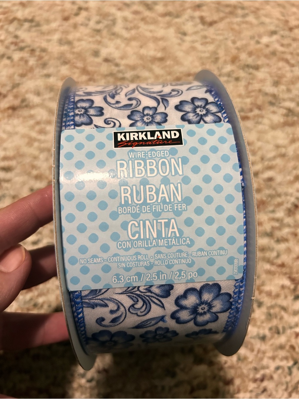 Kirkland Signature Blue Floral Wired-Edged Ribbon 50YD, 2.5 inches New